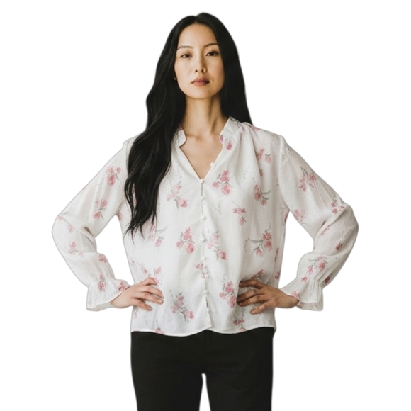Source Unknown Tops - White Pink Floral Button-Up Blouse with Mandarin Collar Size Large - Cottagecore